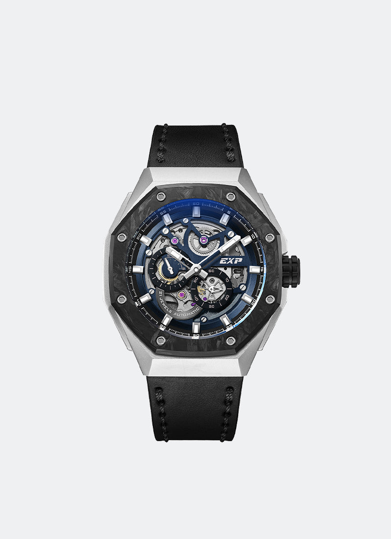 Jam Tangan Expedition Skeleton Automatic Men Quartz Band Silver Biru 45mm E6818MALTEPBU