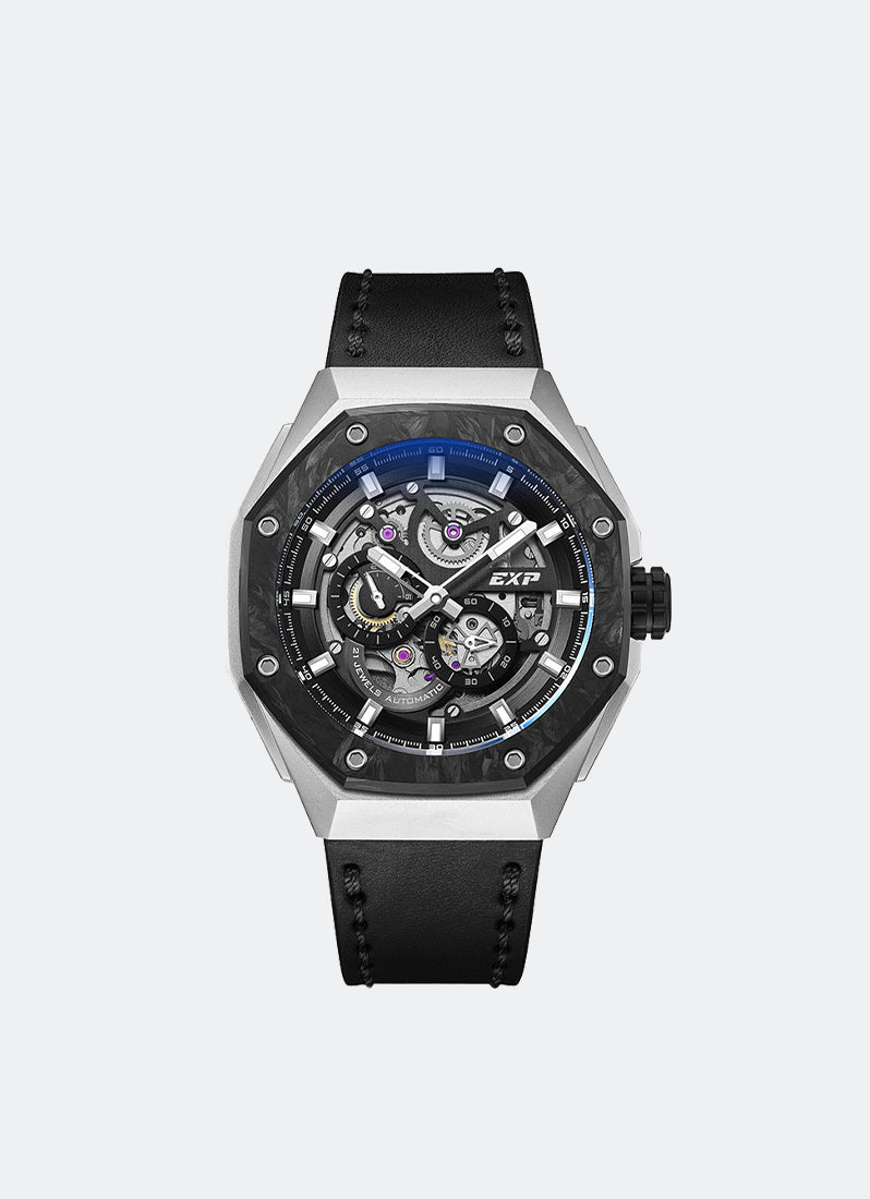 Jam Tangan Expedition Skeleton Automatic Men Quartz Band Silver Black 45mm E6818MALTEPDG