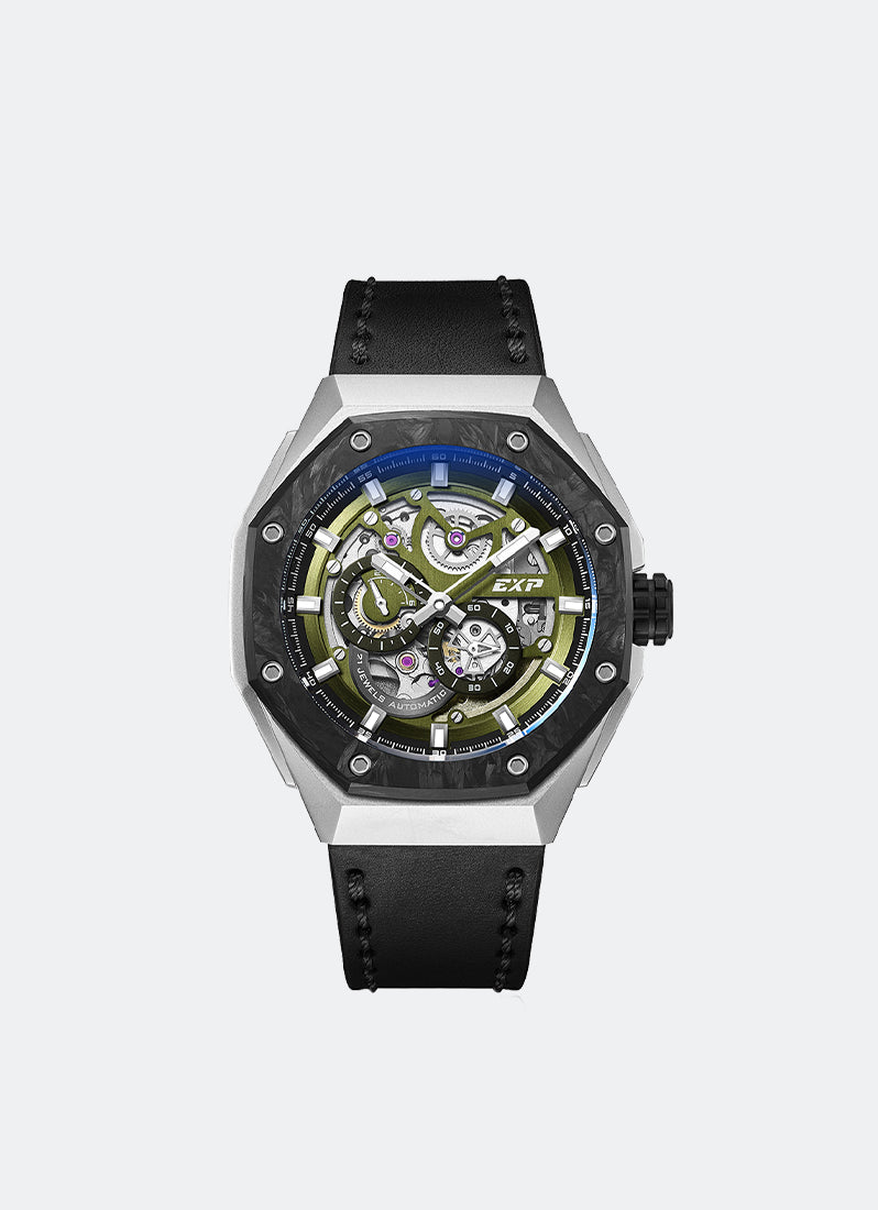 Jam Tangan Expedition Skeleton Automatic Men Quartz Band Silver Green 45mm E6818MALTEPGN