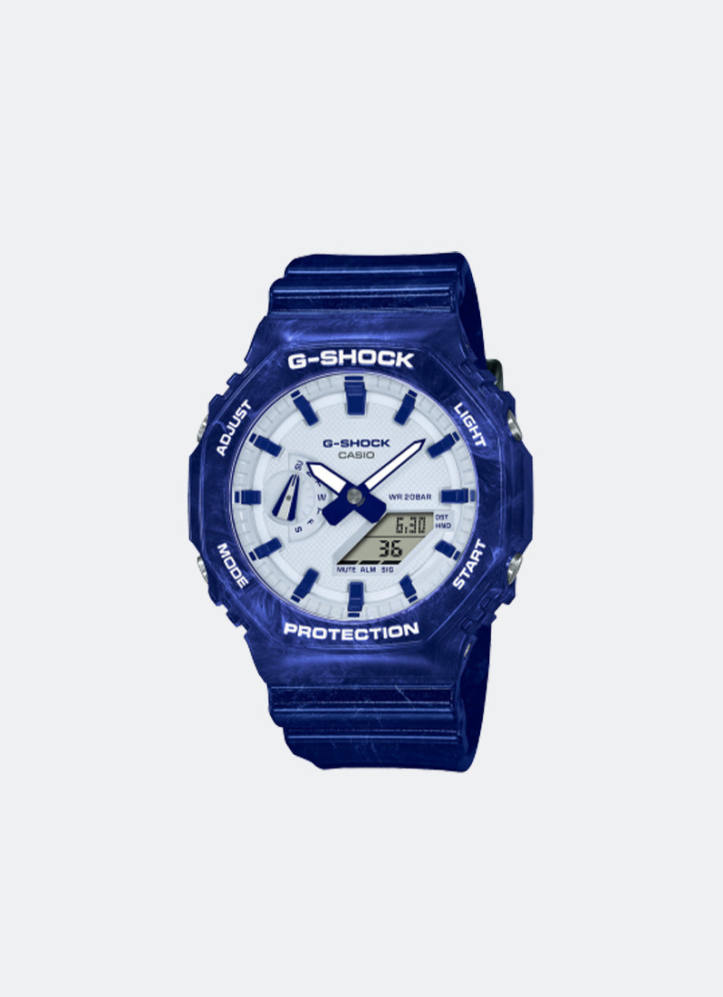 Jam Tangan G-Shock Digital analog White Dial Blue Resin Strap 45.4mm Men GA-2100BWP-2ADR