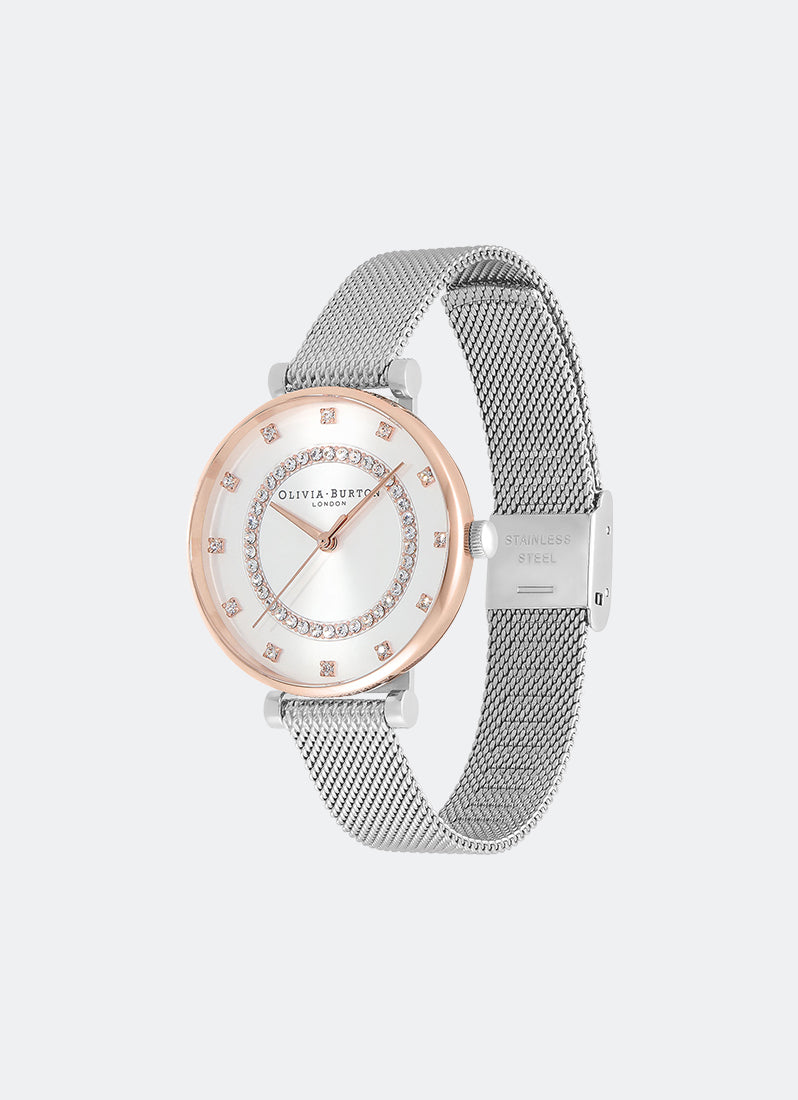Jam Tangan Olivia Bruton T-Bar White & Two Tone Mesh Watch 32mm - 24000004