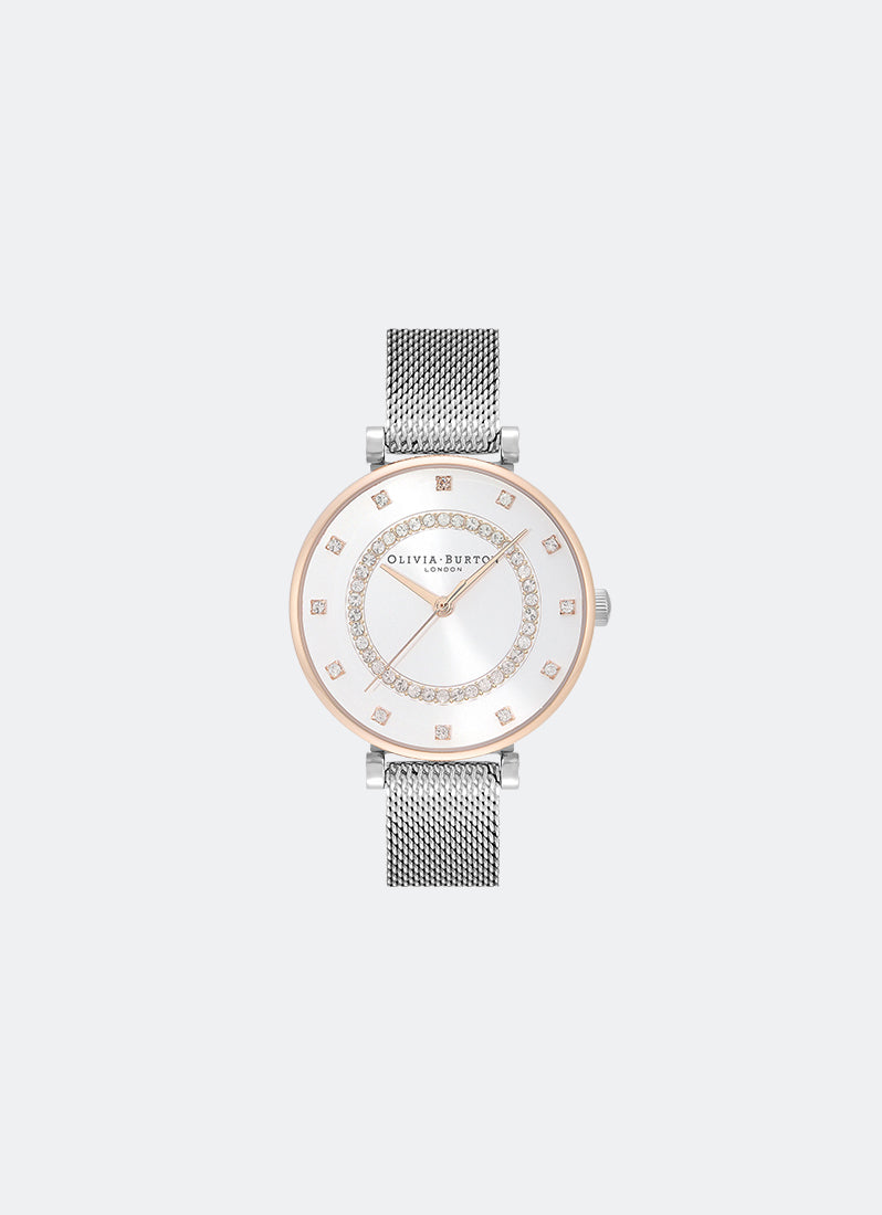 Jam Tangan Olivia Bruton T-Bar White & Two Tone Mesh Watch 32mm - 24000004