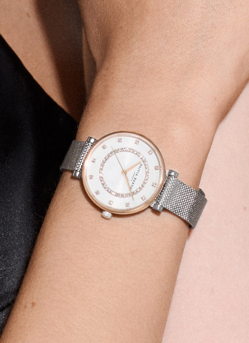 Jam Tangan Olivia Bruton T-Bar White & Two Tone Mesh Watch 32mm - 24000004