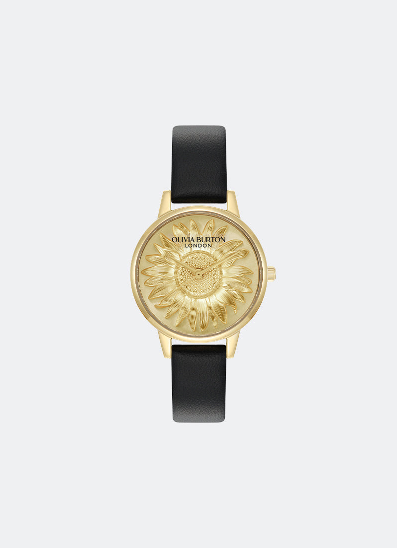 Jam Tangan Olivia Burton 3D Flower Tonal Dial Black GP Leather Strap 30mm - 24000222