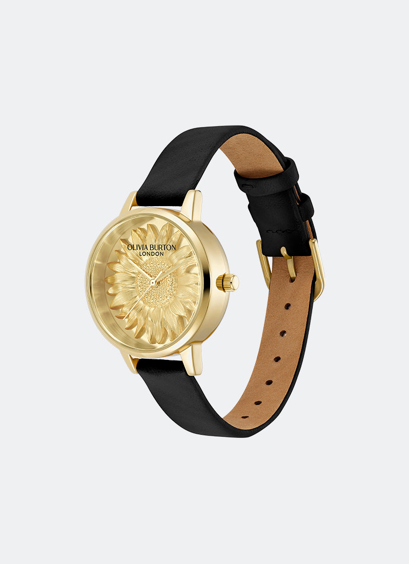 Jam Tangan Olivia Burton 3D Flower Tonal Dial Black GP Leather Strap 30mm - 24000222