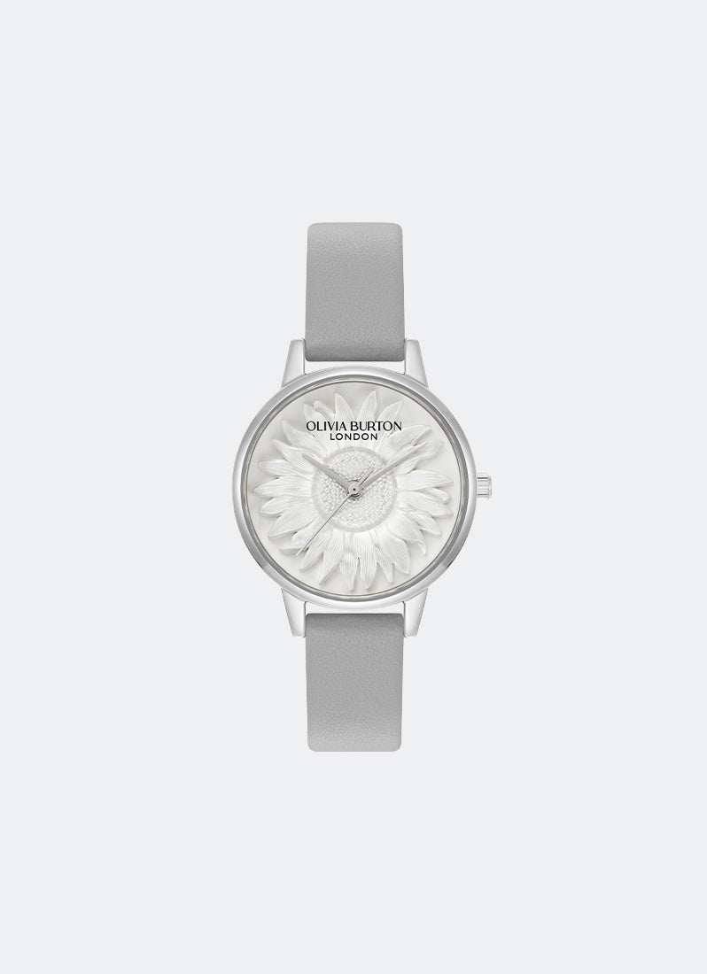 Jam Tangan Olivia Burton 3D Flower Tonal Dial Grey Leather SS Strap 30mm - 24000223