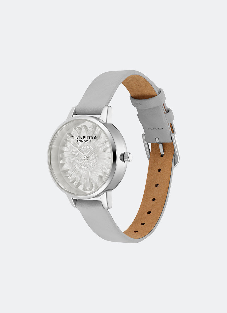 Jam Tangan Olivia Burton 3D Flower Tonal Dial Grey Leather SS Strap 30mm - 24000223