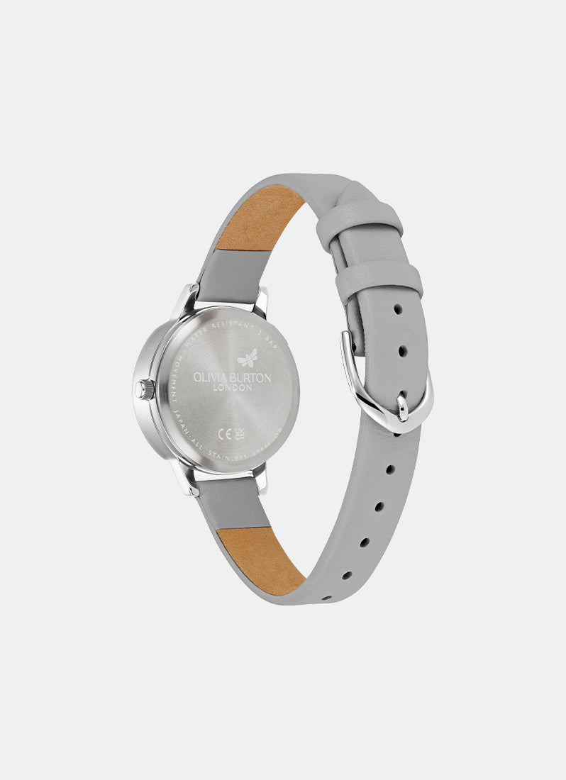 Jam Tangan Olivia Burton 3D Flower Tonal Dial Grey Leather SS Strap 30mm - 24000223