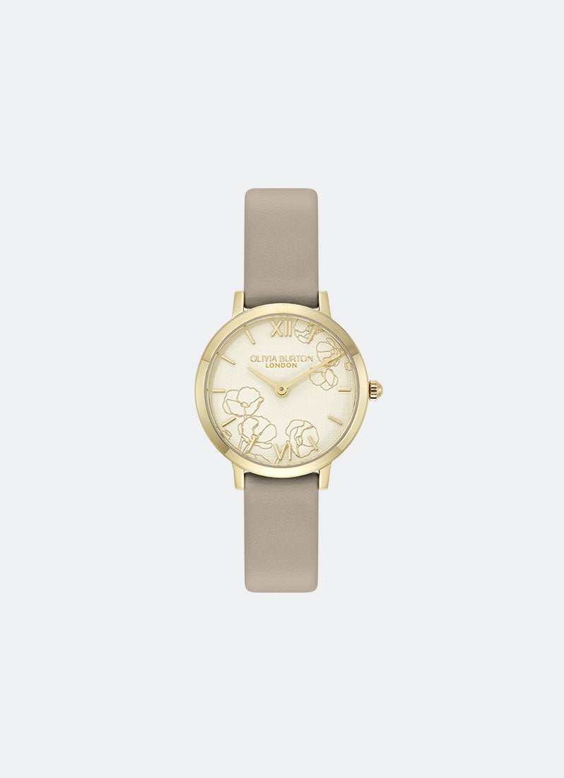 Jam Tangan Olivia Burton Abstract Floral Gold & Taupe Leather Strap 28mm 24000358