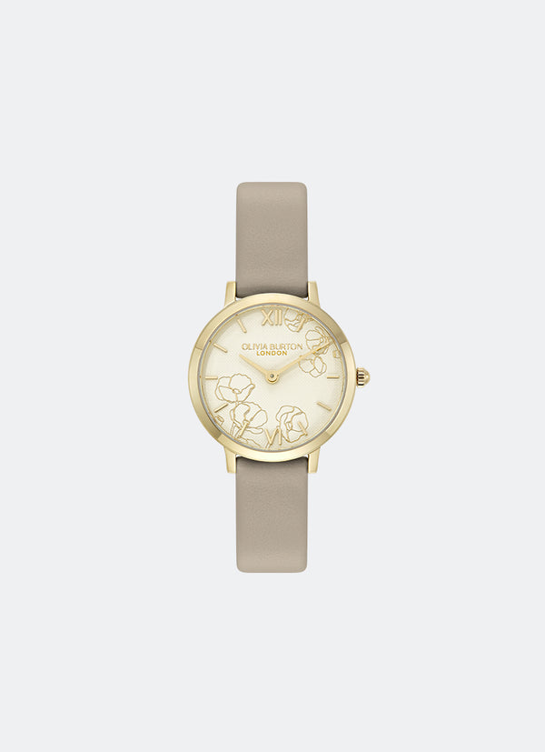 Abstract Floral Gold & Taupe Leather Strap 28mm 24000358
