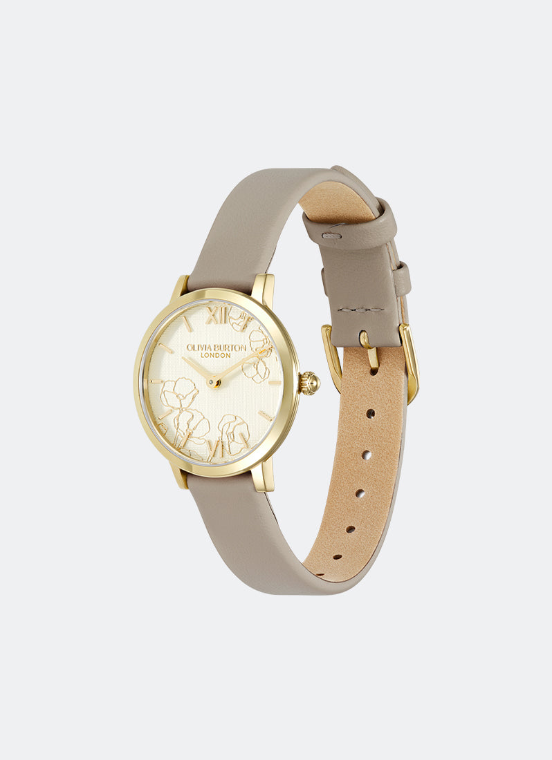 Jam Tangan Olivia Burton Abstract Floral Gold & Taupe Leather Strap 28mm 24000358