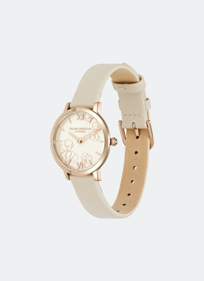 Jam Tangan Olivia Burton Abstract Floral Rose Gold & Ivory Strap 28mm 24000359