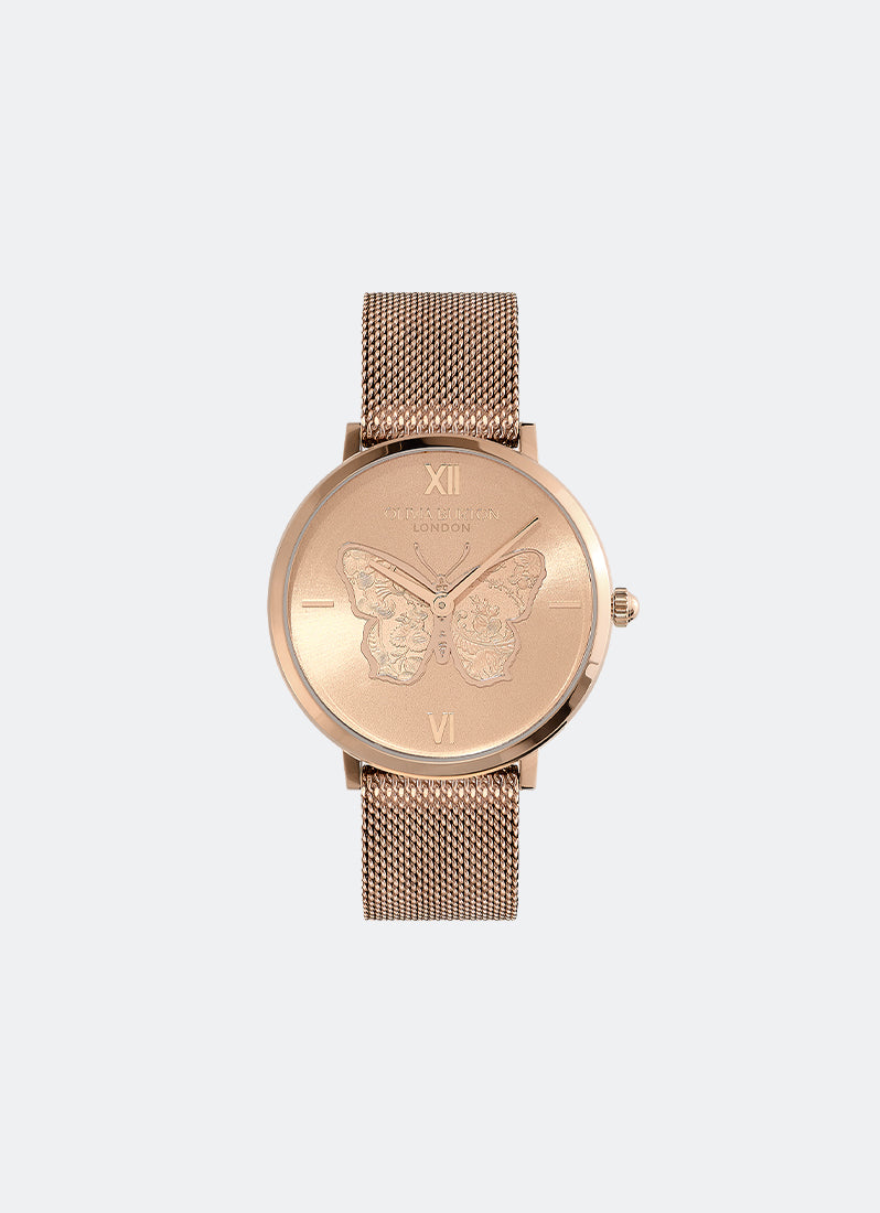 Jam Tangan Olivia Burton Butterfly Ultra Slim Rose Gold Mesh Watch 35mm - 24000148