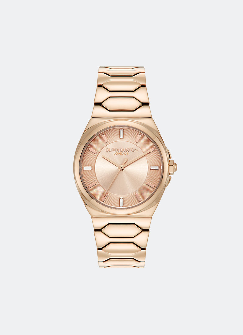 Jam Tangan Olivia Burton Carnation Sunray Dial with CD Textured Outer Ring RG Honeycomb Link Bracelet 34mm - 24000202