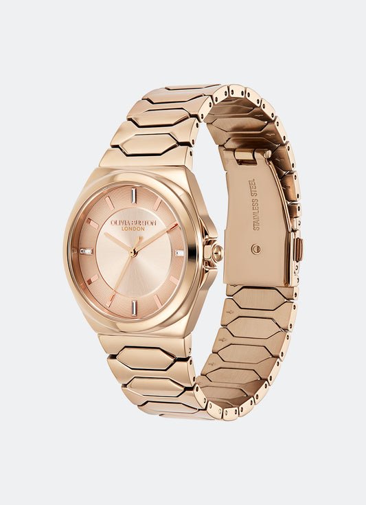 Jam Tangan Olivia Burton Carnation Sunray Dial with CD Textured Outer Ring RG Honeycomb Link Bracelet 34mm - 24000202