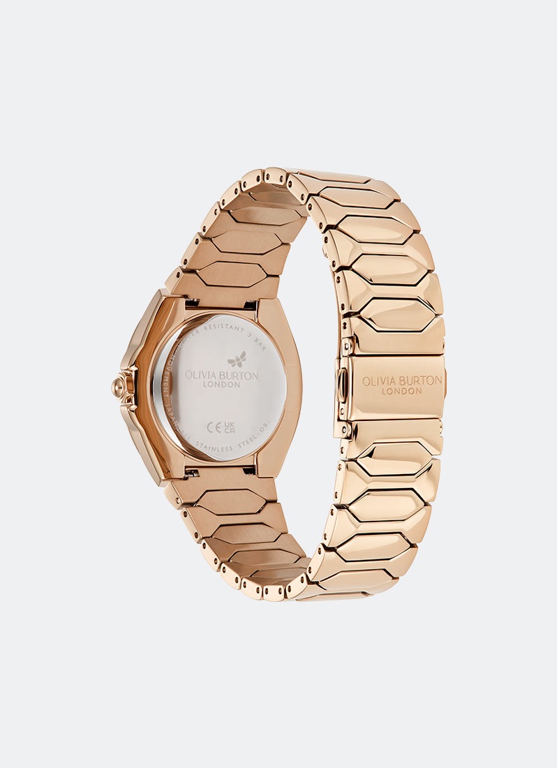 Jam Tangan Olivia Burton Carnation Sunray Dial with CD Textured Outer Ring RG Honeycomb Link Bracelet 34mm - 24000202
