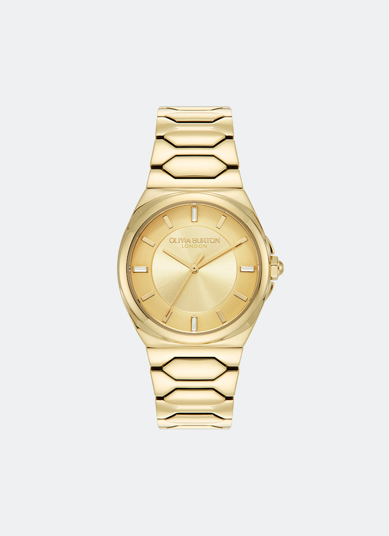 Jam Tangan Olivia Burton Champagne Sunray Dial with CD Textured Outer Ring GP Honeycomb Link Bracelet 34mm - 24000201