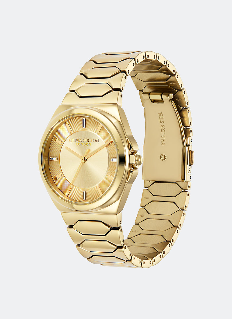 Jam Tangan Olivia Burton Champagne Sunray Dial with CD Textured Outer Ring GP Honeycomb Link Bracelet 34mm - 24000201
