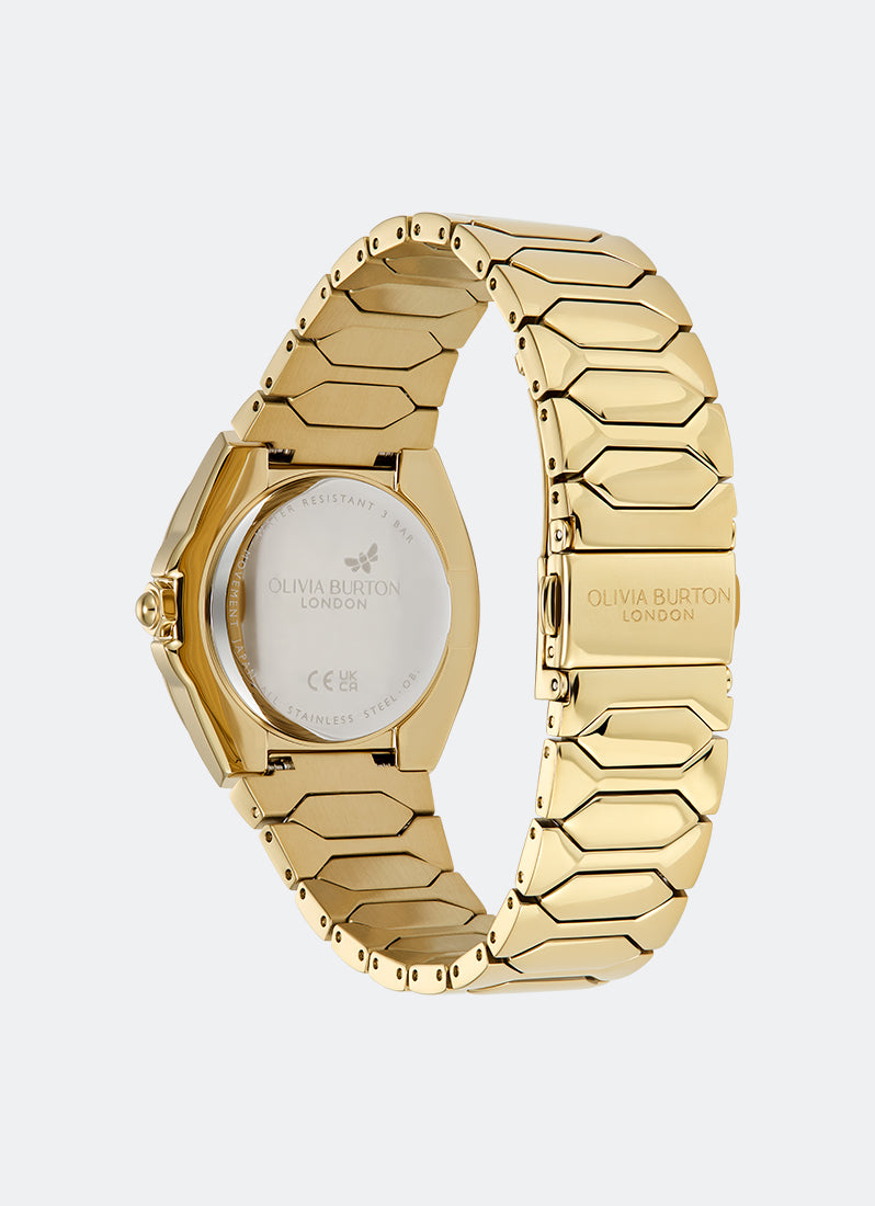 Jam Tangan Olivia Burton Champagne Sunray Dial with CD Textured Outer Ring GP Honeycomb Link Bracelet 34mm - 24000201