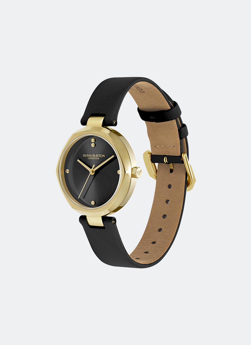 Jam Tangan Olivia Burton Classic T-Bar Black Onyx Dial Black Leather Strap 32mm - 24000263