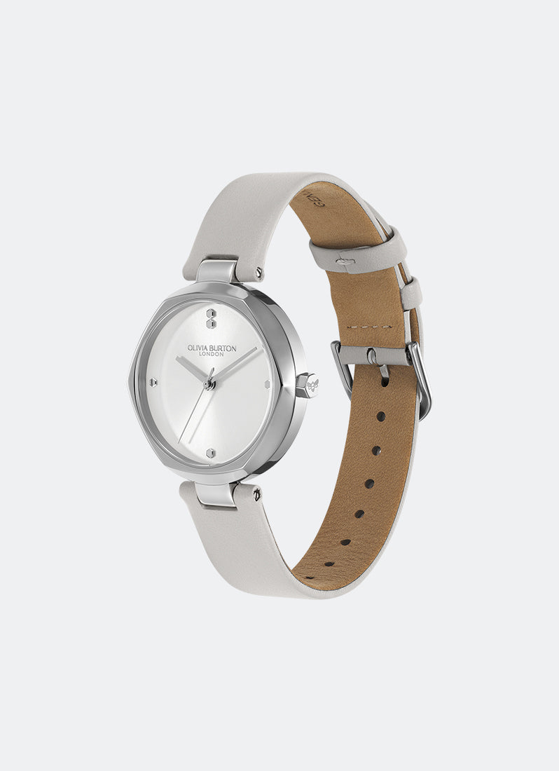 Jam Tangan Olivia Burton Classic T-Bar Silver White Dial Earl Grey Leather Strap 32mm - 24000262