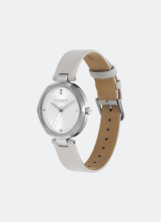 Jam Tangan Olivia Burton Classic T-Bar Silver White Dial Earl Grey Leather Strap 32mm - 24000262