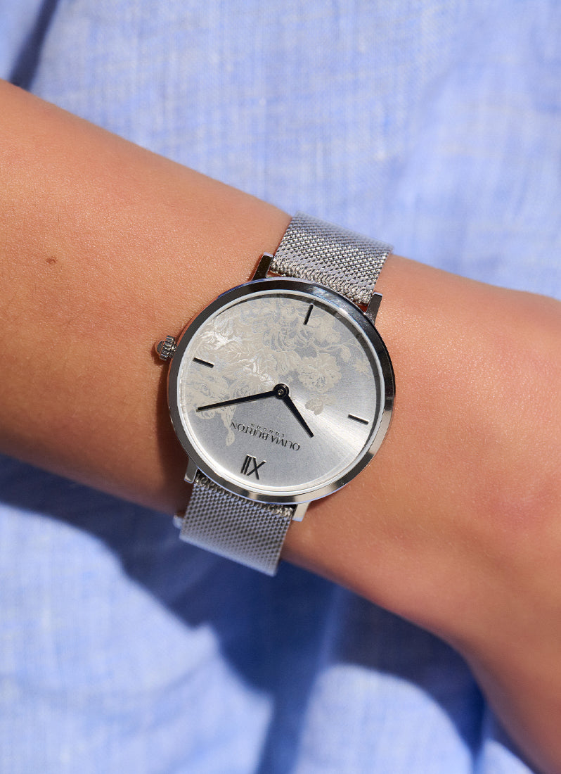 Jam Tangan Olivia Burton Floral Blooms Ultra Slim Silver Mesh Watch 35mm - 24000115