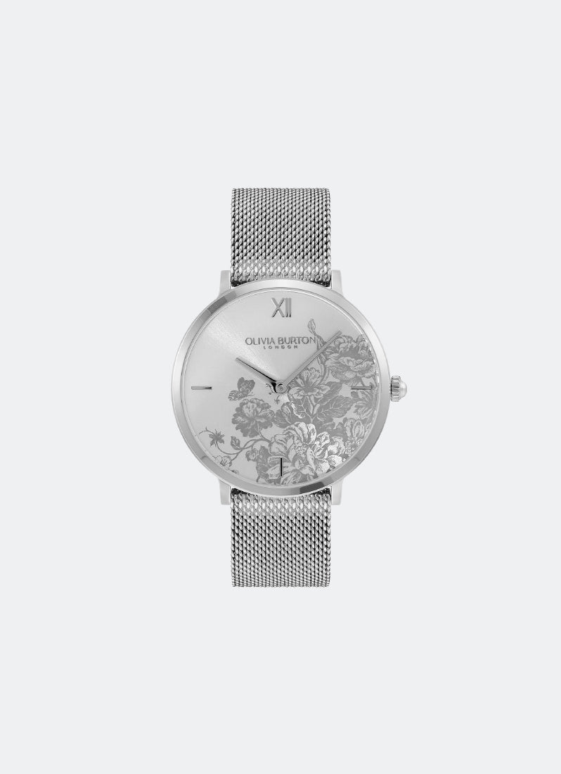 Jam Tangan Olivia Burton Floral Blooms Ultra Slim Silver Mesh Watch 35mm - 24000115