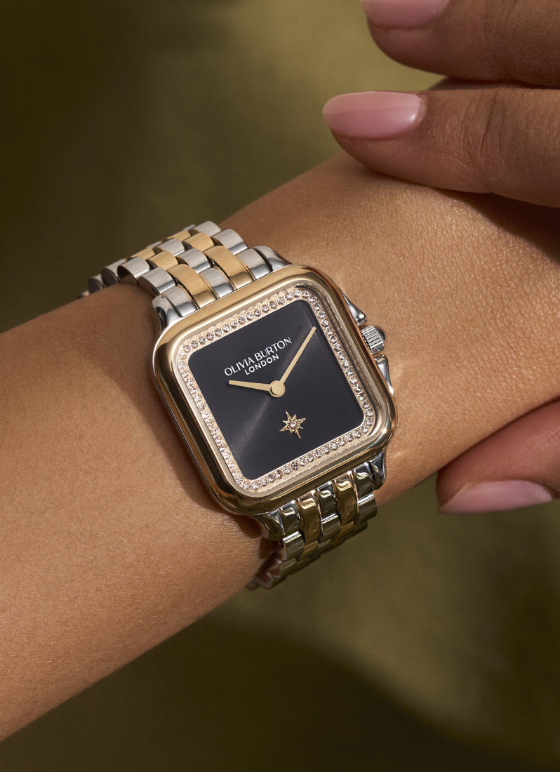 Jam Tangan Olivia Burton Grosvenor Black & Gold Bracelet Watch 28mm - 24000124