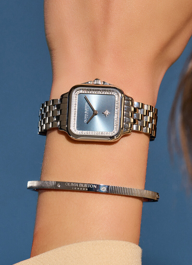 Jam Tangan Olivia Burton Grosvenor Blue Sunray Bracelet Watch 28mm - 24000083