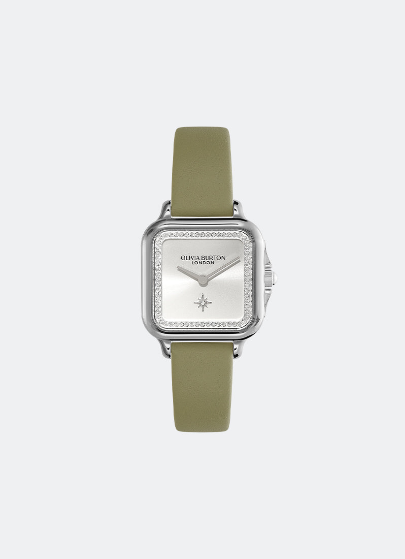 Jam Tangan Olivia Burton Grosvenor Silver & Sage Green Leather Strap Watch 28mm - 24000123