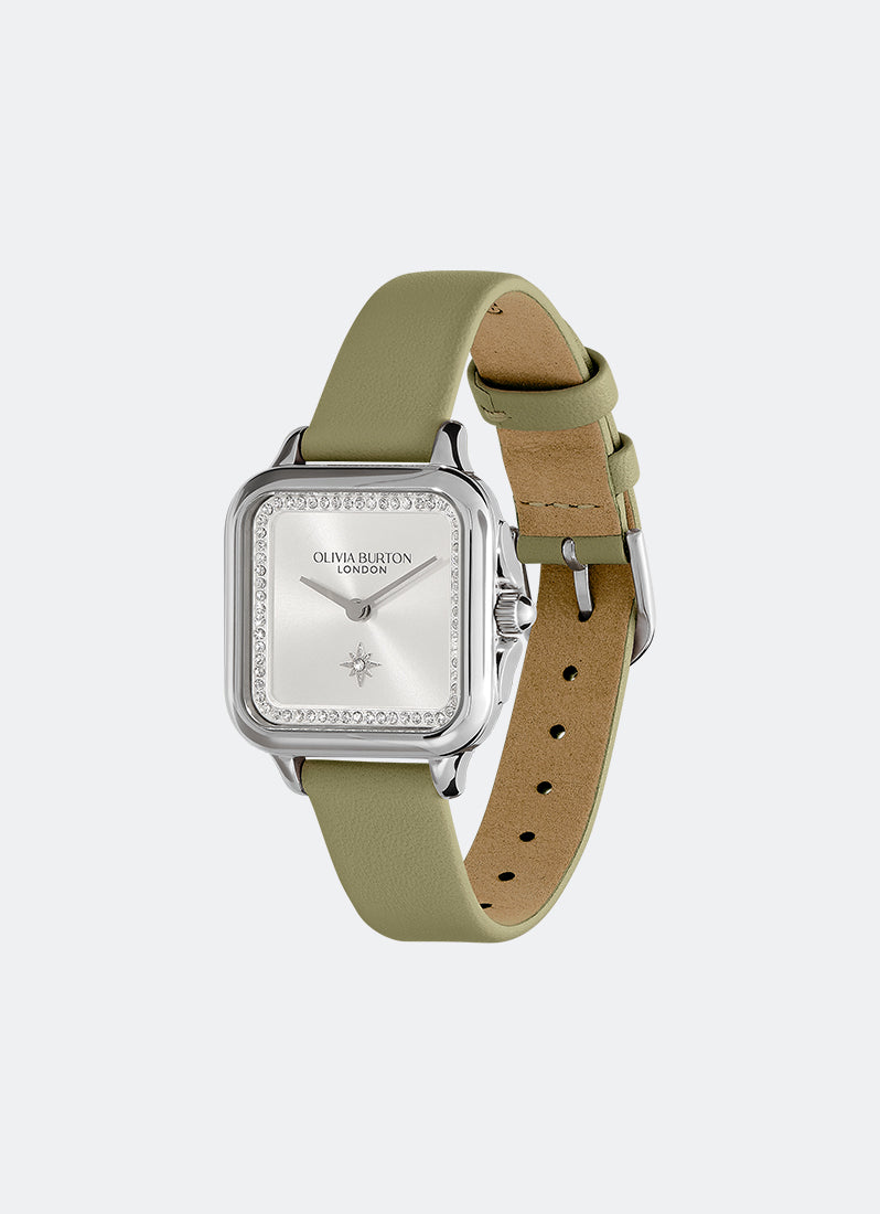 Jam Tangan Olivia Burton Grosvenor Silver & Sage Green Leather Strap Watch 28mm - 24000123