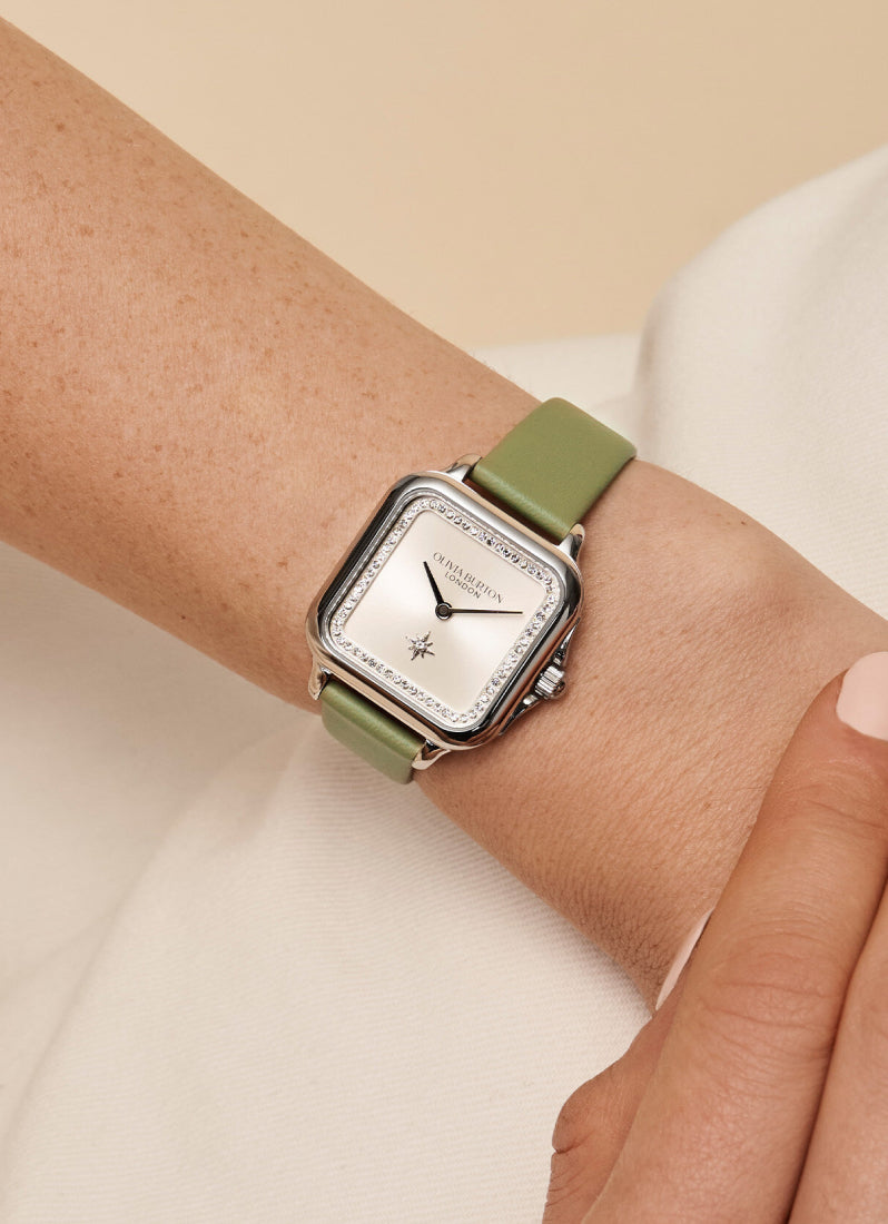 Jam Tangan Olivia Burton Grosvenor Silver & Sage Green Leather Strap Watch 28mm - 24000123