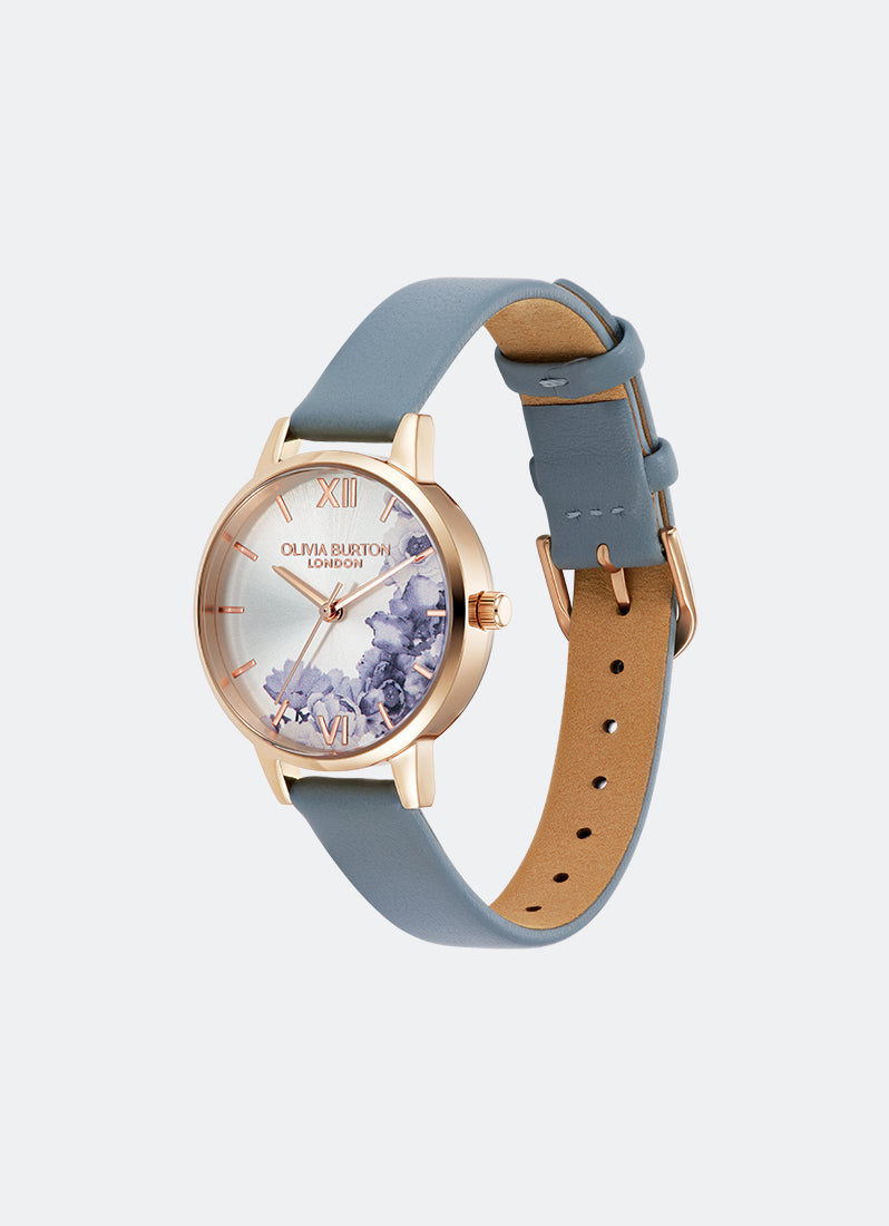 Jam Tangan Olivia Burton Illustrated Floral Dial Chalk Blue Leather Strap 30mm - 24000227