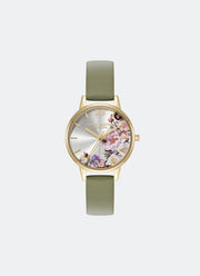 Jam Tangan Olivia Burton Illustrated Floral Dial GP Sage Leather Strap 30mm - 24000228