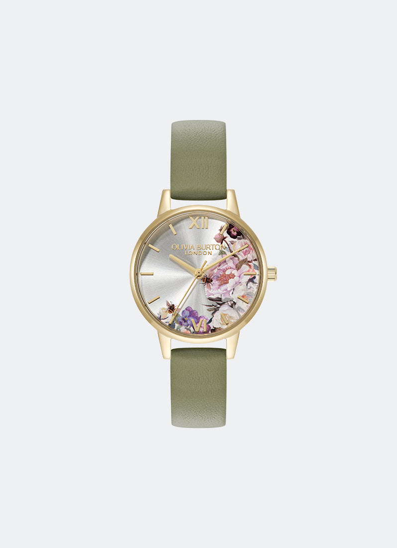 Jam Tangan Olivia Burton Illustrated Floral Dial GP Sage Leather Strap 30mm - 24000228