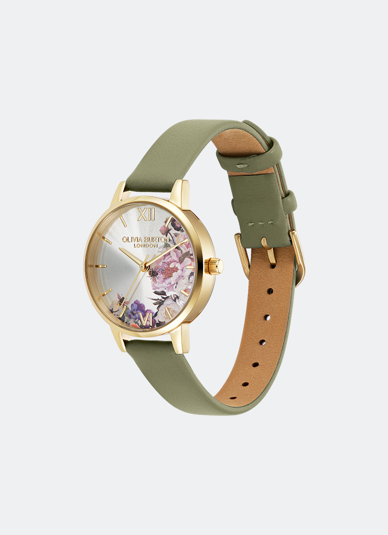 Jam Tangan Olivia Burton Illustrated Floral Dial GP Sage Leather Strap 30mm - 24000228
