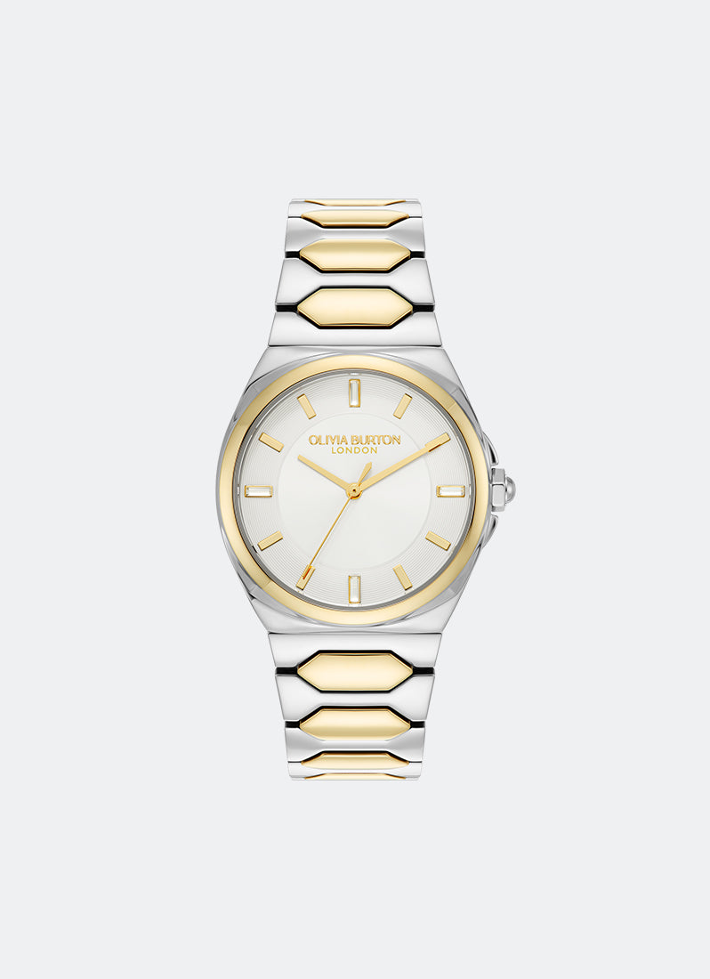 Jam Tangan Olivia Burton Ivory Sunray Dial with CD Textured Outer Ring TT SS/GP Honeycomb Link Bracelet 34mm - 24000203