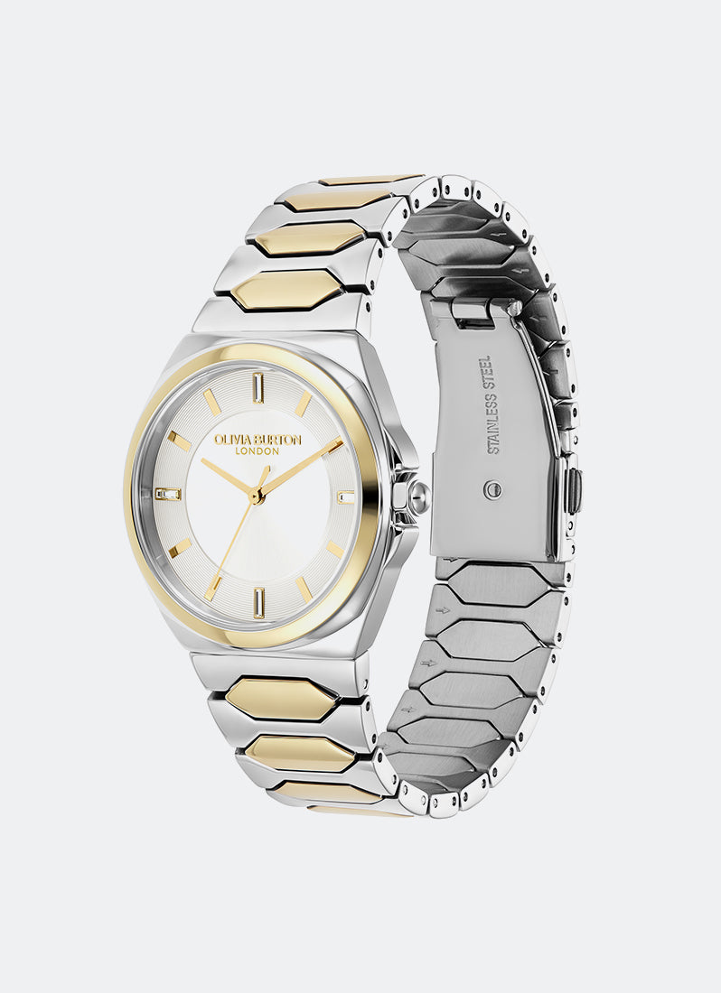 Jam Tangan Olivia Burton Ivory Sunray Dial with CD Textured Outer Ring TT SS/GP Honeycomb Link Bracelet 34mm - 24000203