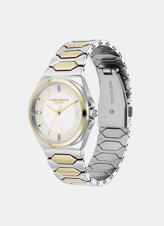 Jam Tangan Olivia Burton Ivory Sunray Dial with CD Textured Outer Ring TT SS/GP Honeycomb Link Bracelet 34mm - 24000203