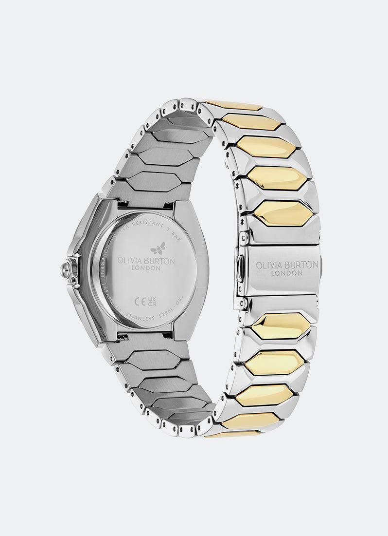 Jam Tangan Olivia Burton Ivory Sunray Dial with CD Textured Outer Ring TT SS/GP Honeycomb Link Bracelet 34mm - 24000203