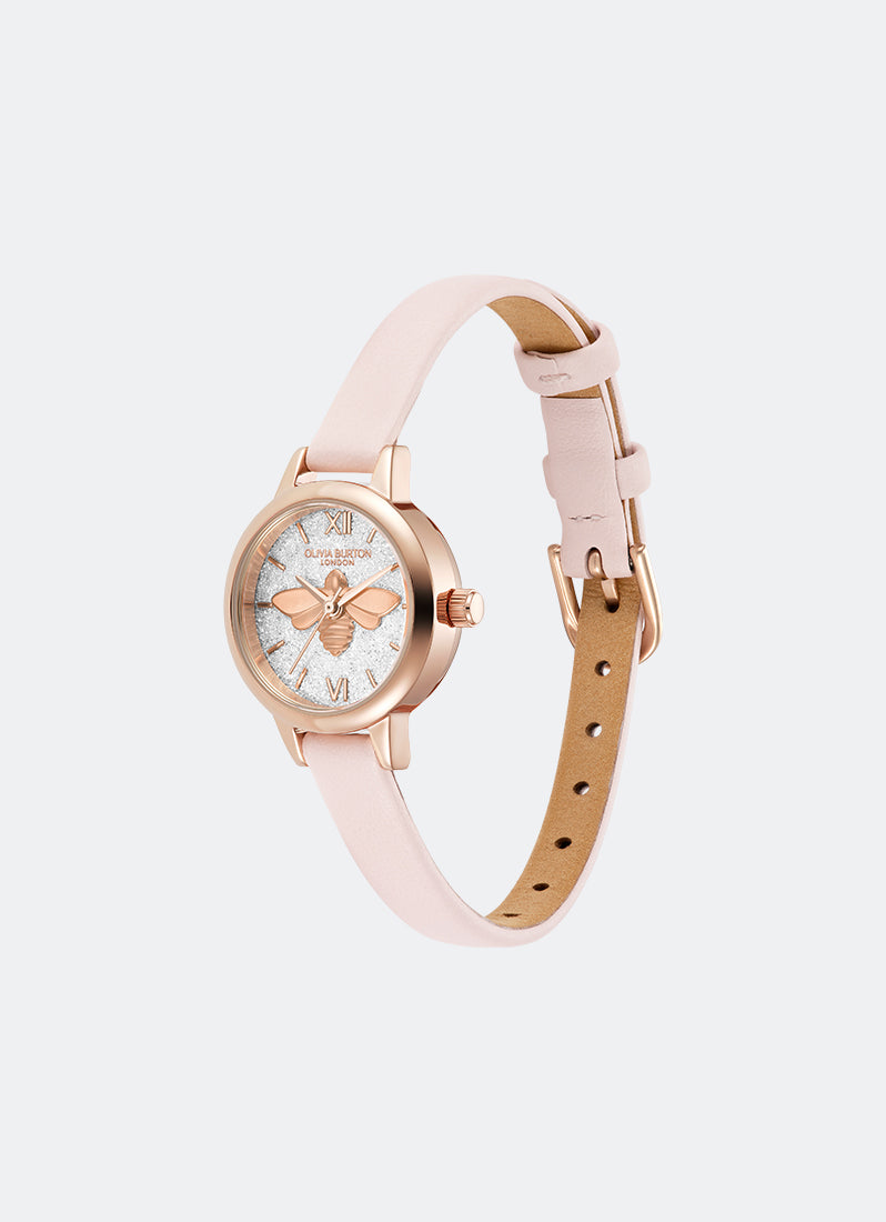 Jam Tangan Olivia Burton Mini Bee Silver White Glitter Dial Primrose Leather Strap 23mm - 24000231