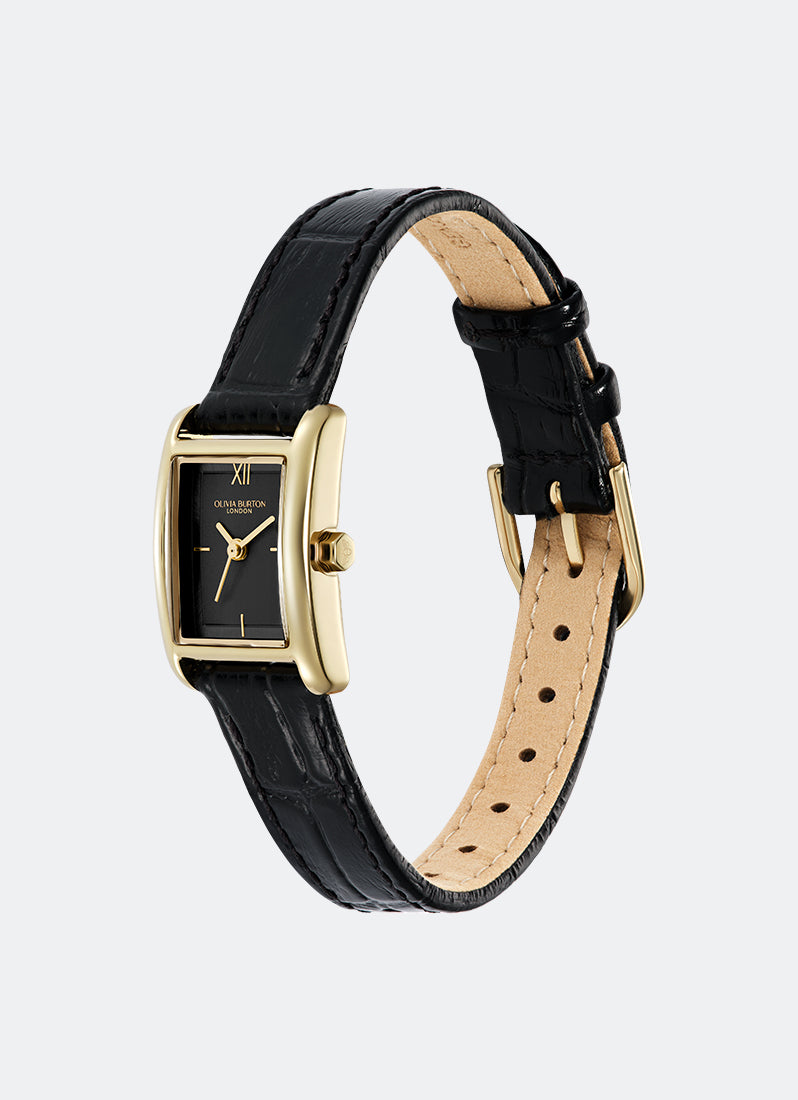 Jam Tangan Olivia Burton Mini Grove Gold & Black Croc Leather Strap 16mm 24000284