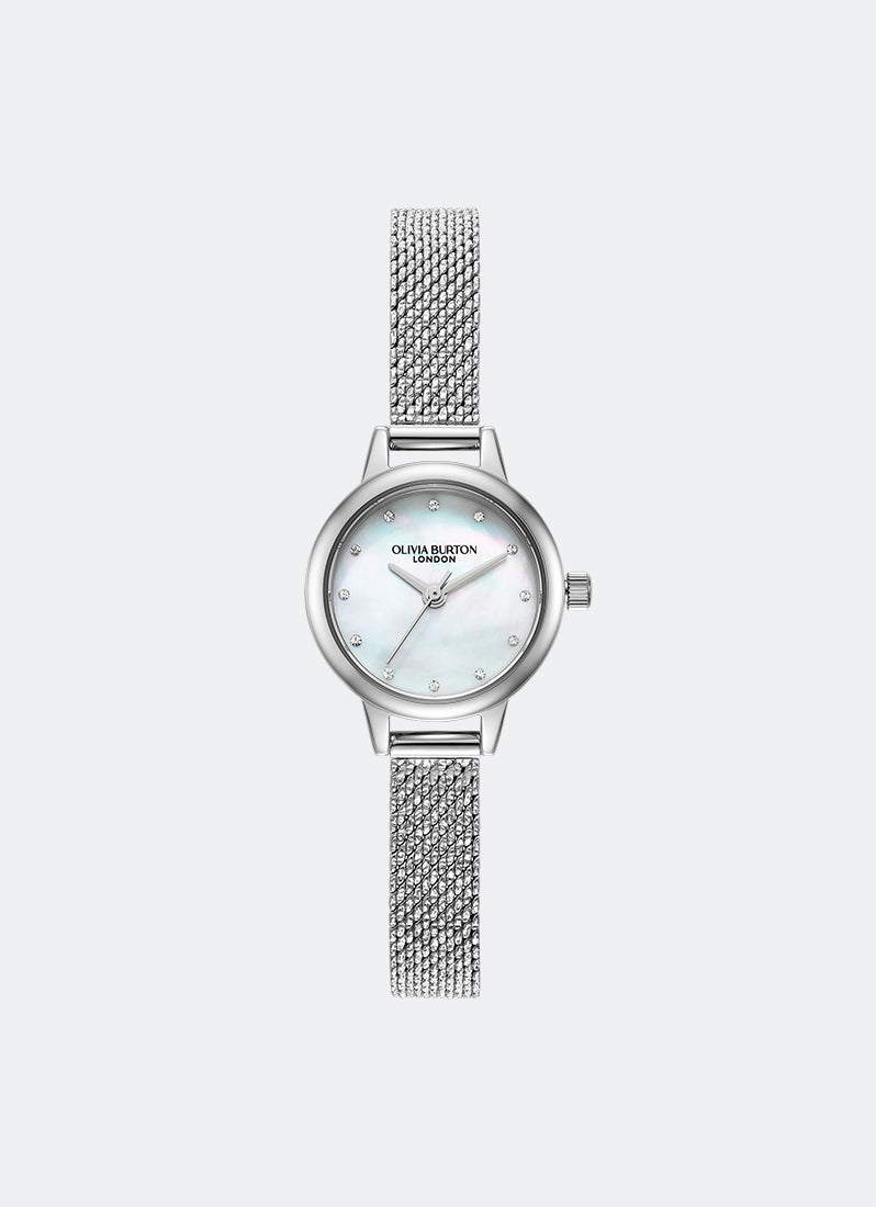 Jam Tangan Olivia Burton Mini White Mother Of Pearl Dial, Sparkle Markers and Silver Boucle Mesh - 24000120