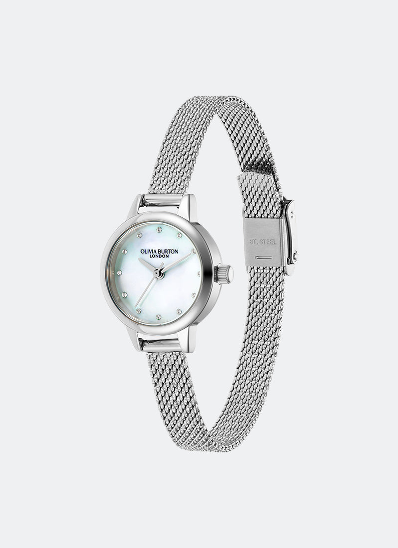 Jam Tangan Olivia Burton Mini White Mother Of Pearl Dial, Sparkle Markers and Silver Boucle Mesh - 24000120