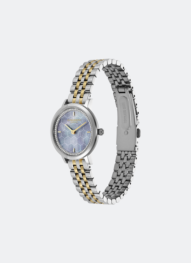 Jam Tangan Olivia Burton Ultra Slim Bee Chalk Blue Pearlised Dial 5 Link Bracelet 28mm - 24000264