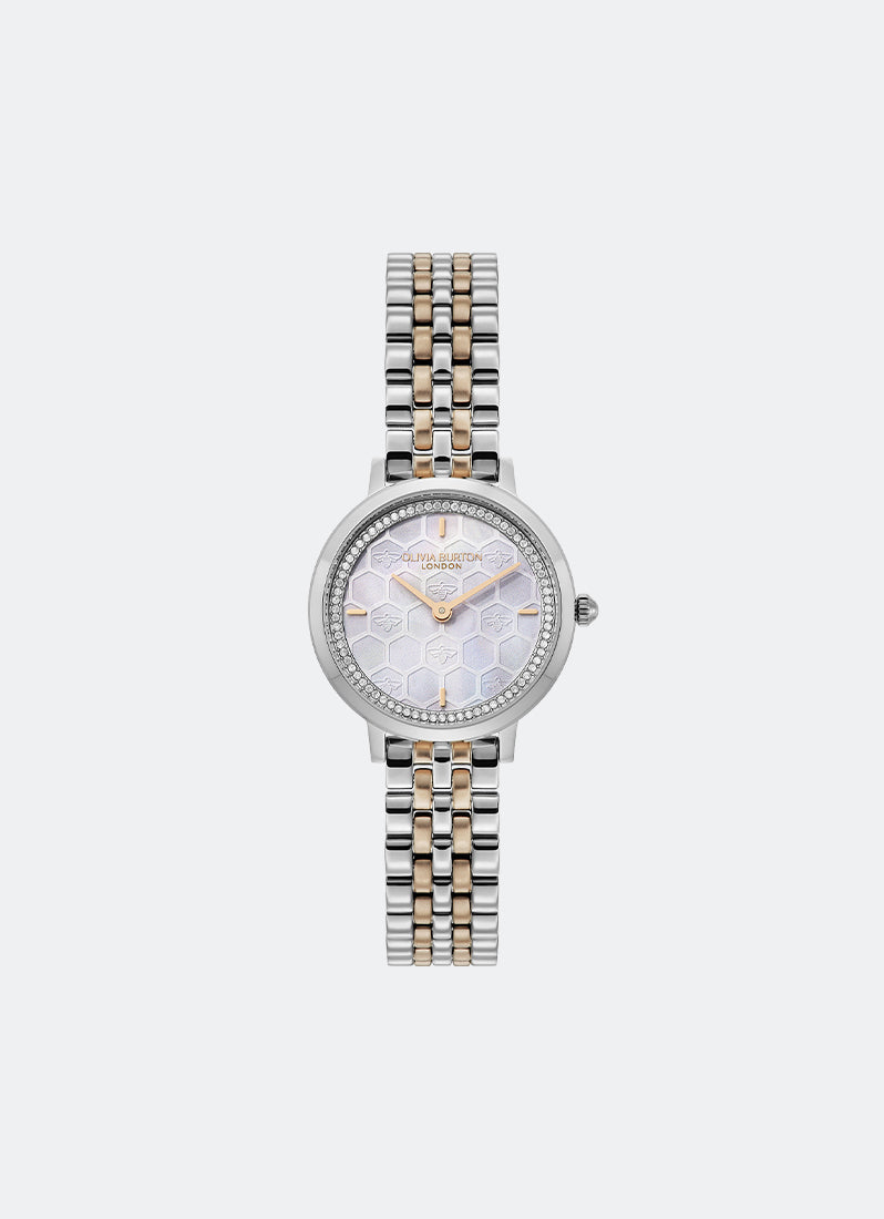Jam Tangan Olivia Burton Ultra Slim Bee Dove Grey Pearlised Dial 5 Link Bracelet 28mm - 24000265