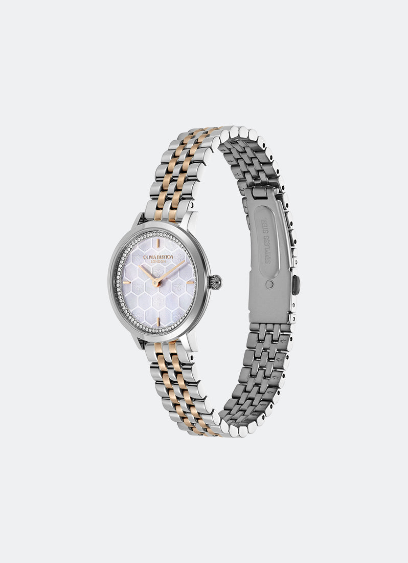 Jam Tangan Olivia Burton Ultra Slim Bee Dove Grey Pearlised Dial 5 Link Bracelet 28mm - 24000265