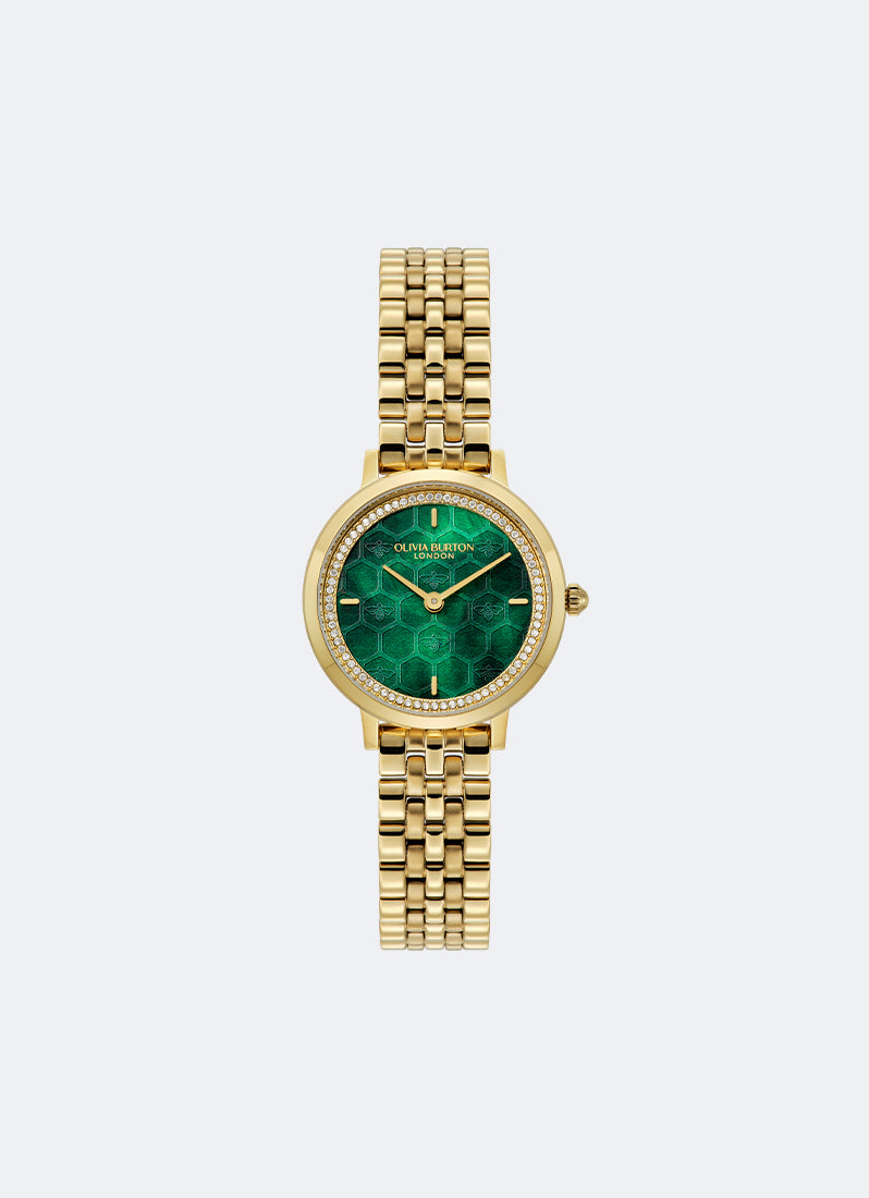 Jam Tangan Olivia Burton Ultra Slim Bee Forest Green Pearlised Dial with Crystal Framed Detail GP 2H 5 Link Bracelet 28 mm - 24000266