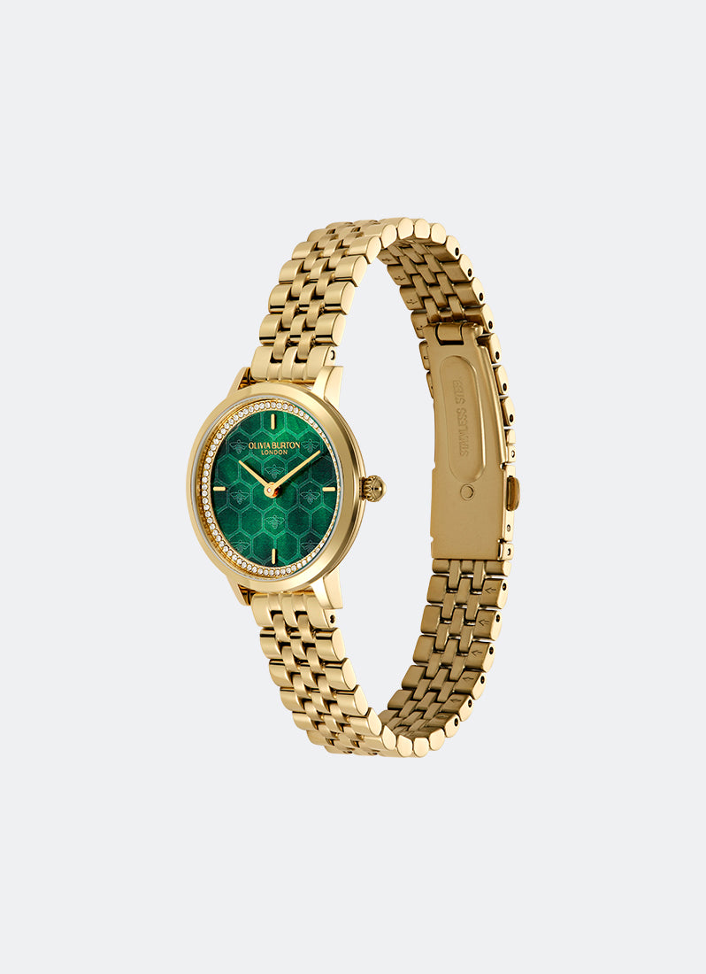 Jam Tangan Olivia Burton Ultra Slim Bee Forest Green Pearlised Dial with Crystal Framed Detail GP 2H 5 Link Bracelet 28 mm - 24000266